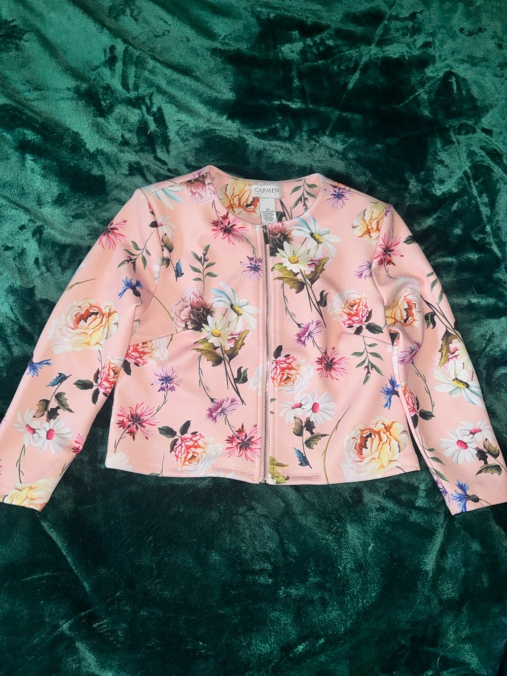 Carmen Marc Valvo Pink Floral Scuba Zip Jacket - Size XS